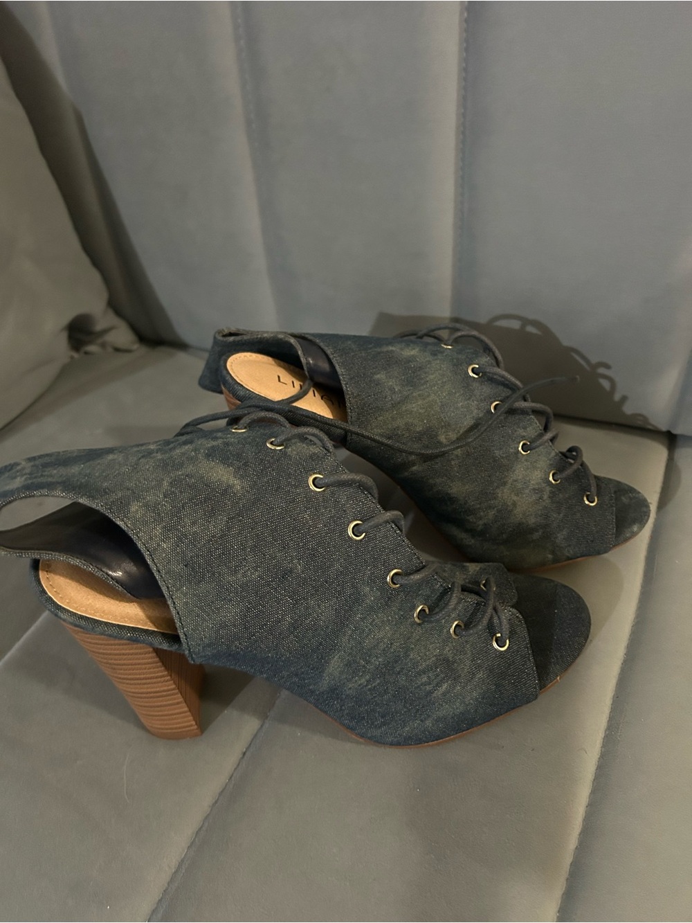 Denim Lace-Up Open-Toe Block Heel Sandals - Blue